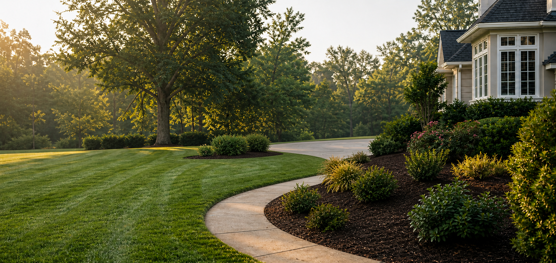 Freshly maintained residential property with a clean lawn, landscaped beds, mature trees, and a house in the background
